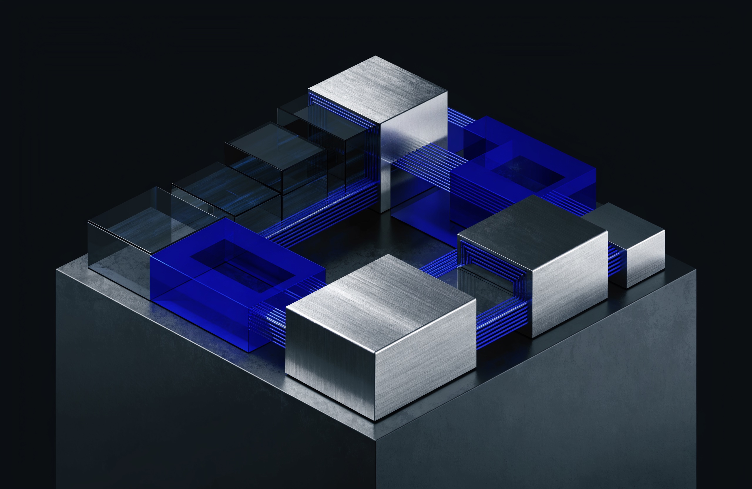 Connected architectural structures in titanium and blue glass